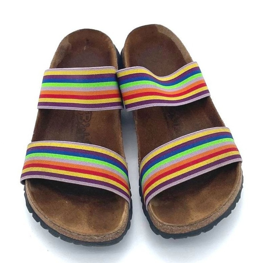 Birkis Multicolor Rainbow Stripe Leather and Elastic Straps Slide Sandal Women 7